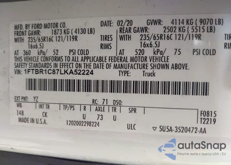 2020 Ford Transit-250 z USA, uszkodzony, nr VIN 1FTBR1C87LKA52224